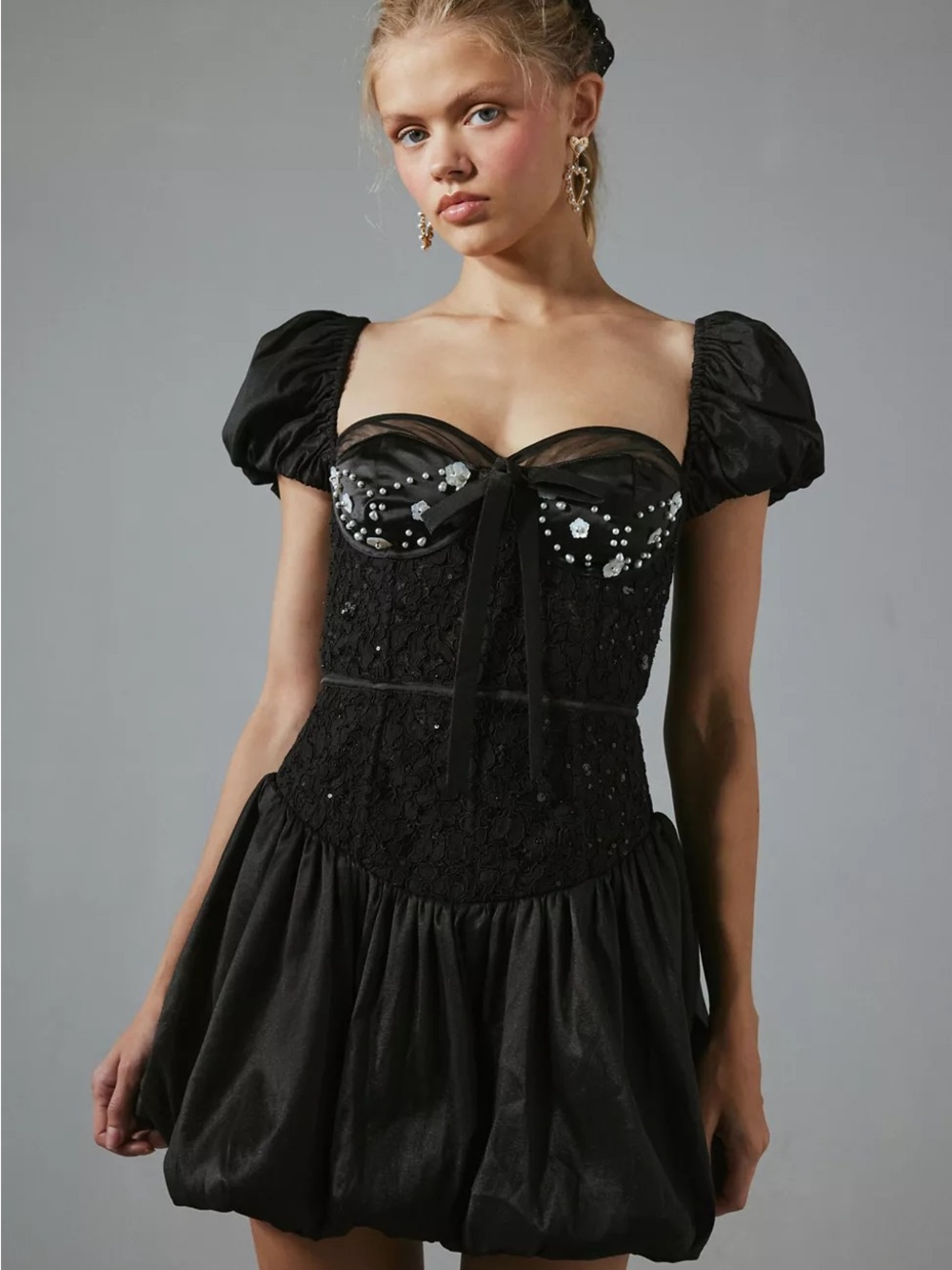 For Love & Lemons Black Embellished Puff-Sleeve Mini Dress